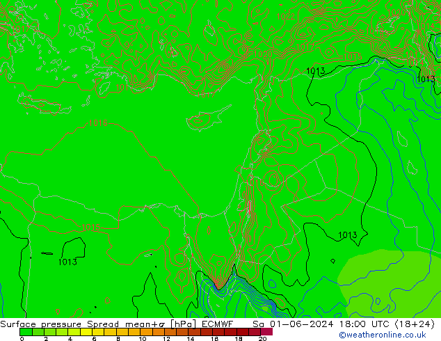 Surface pressure Spread ECMWF Sa 01.06.2024 18 UTC