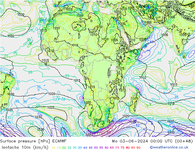 Isotachs (kph) ECMWF Mo 03.06.2024 00 UTC