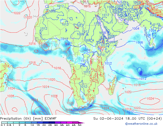 Totale neerslag (6h) ECMWF zo 02.06.2024 00 UTC