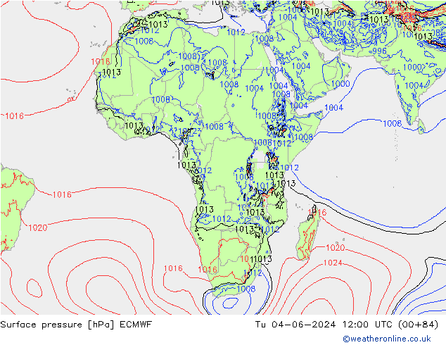 Surface pressure ECMWF Tu 04.06.2024 12 UTC