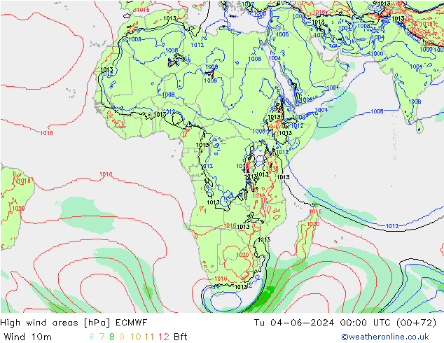 High wind areas ECMWF Út 04.06.2024 00 UTC