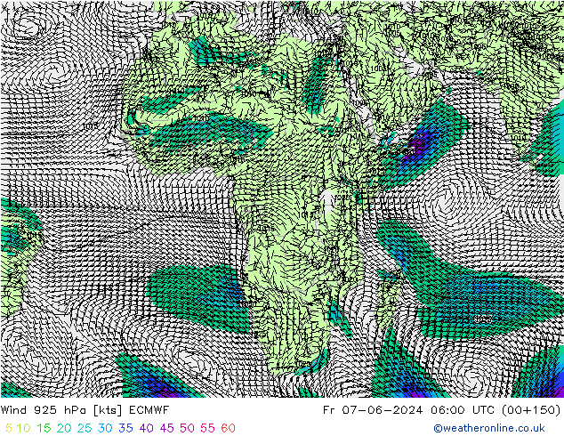 Rüzgar 925 hPa ECMWF Cu 07.06.2024 06 UTC
