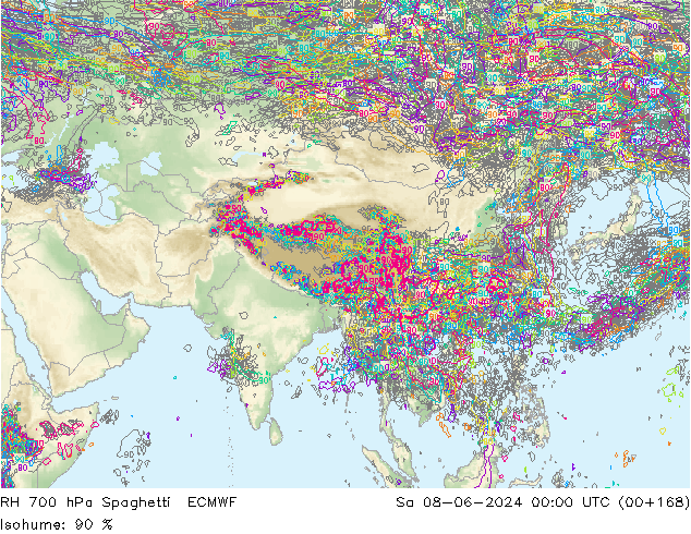 RH 700 hPa Spaghetti ECMWF  08.06.2024 00 UTC