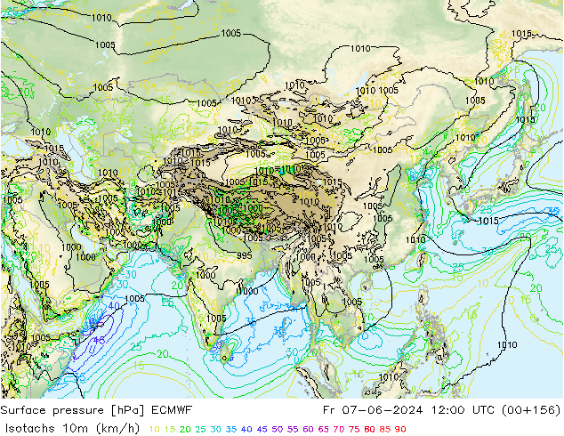 Isotachs (kph) ECMWF Fr 07.06.2024 12 UTC