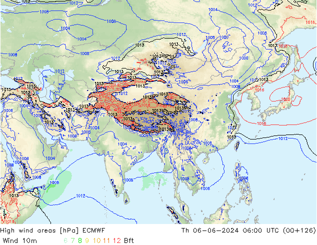 High wind areas ECMWF Čt 06.06.2024 06 UTC