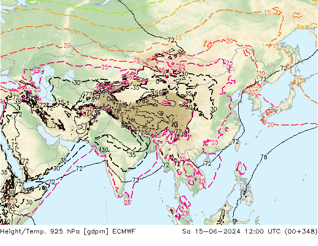 Hoogte/Temp. 925 hPa ECMWF za 15.06.2024 12 UTC