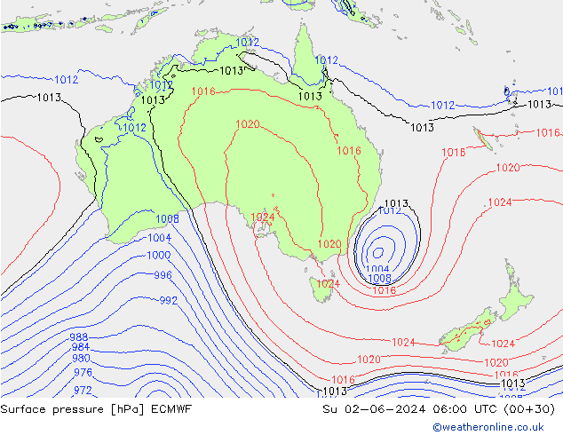 Atmosférický tlak ECMWF Ne 02.06.2024 06 UTC