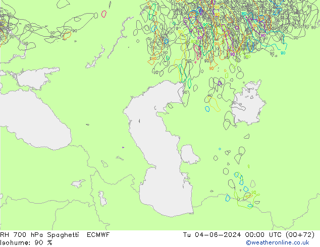 RH 700 hPa Spaghetti ECMWF Tu 04.06.2024 00 UTC