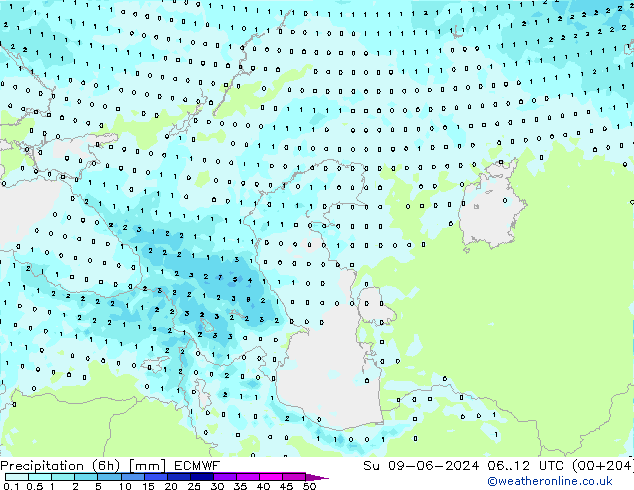 Totale neerslag (6h) ECMWF zo 09.06.2024 12 UTC