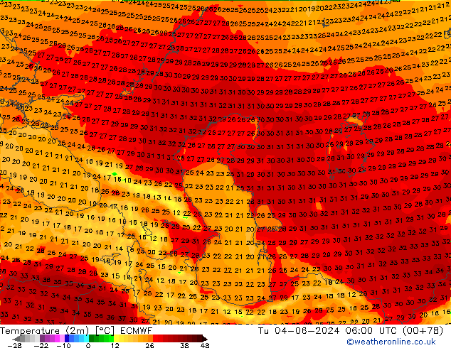 température (2m) ECMWF mar 04.06.2024 06 UTC