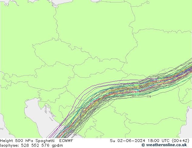 Height 500 hPa Spaghetti ECMWF Dom 02.06.2024 18 UTC