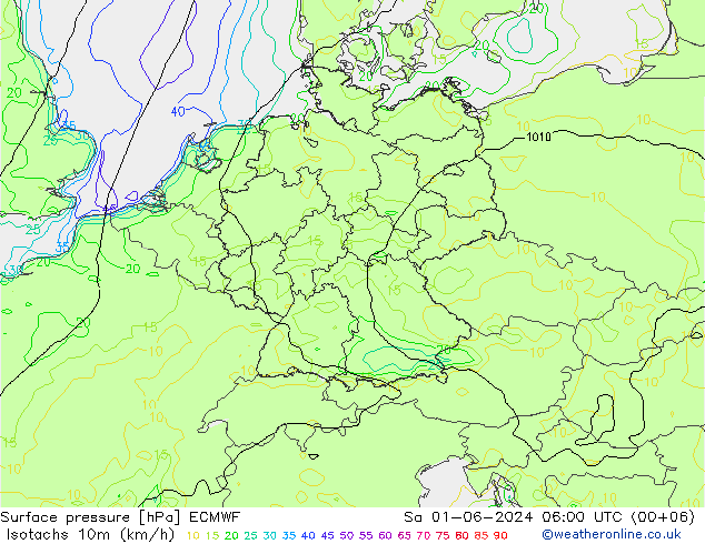 Isotachen (km/h) ECMWF za 01.06.2024 06 UTC