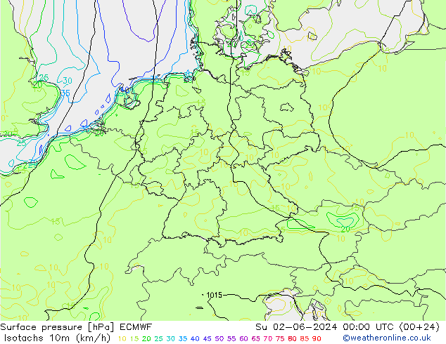 Isotachs (kph) ECMWF  02.06.2024 00 UTC