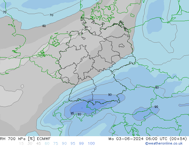 RH 700 hPa ECMWF Seg 03.06.2024 06 UTC