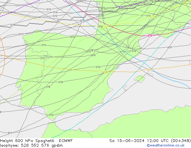 Height 500 hPa Spaghetti ECMWF Sa 15.06.2024 12 UTC