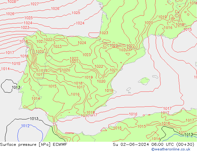 Pressione al suolo ECMWF dom 02.06.2024 06 UTC