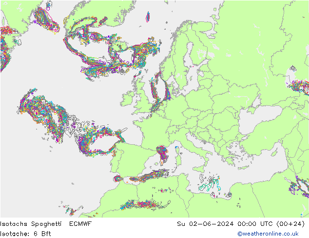 Isotachs Spaghetti ECMWF 星期日 02.06.2024 00 UTC