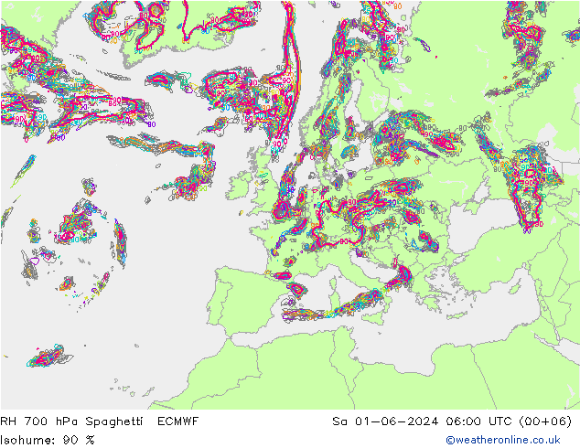 RH 700 hPa Spaghetti ECMWF Sa 01.06.2024 06 UTC