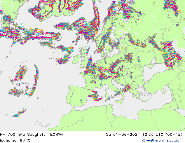 RH 700 hPa Spaghetti ECMWF  01.06.2024 12 UTC