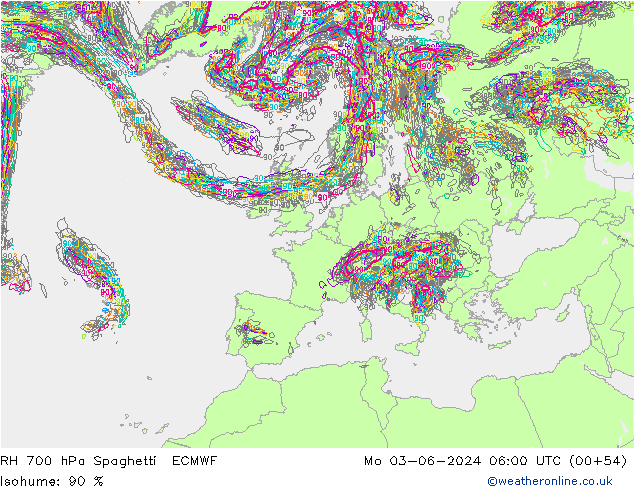 RH 700 hPa Spaghetti ECMWF Po 03.06.2024 06 UTC
