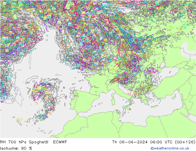 RH 700 hPa Spaghetti ECMWF Do 06.06.2024 06 UTC