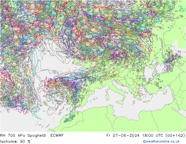 RH 700 гПа Spaghetti ECMWF пт 07.06.2024 18 UTC