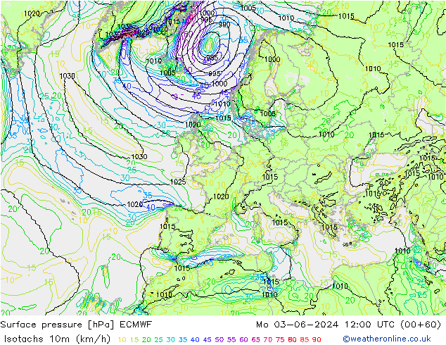 Isotachs (kph) ECMWF Mo 03.06.2024 12 UTC