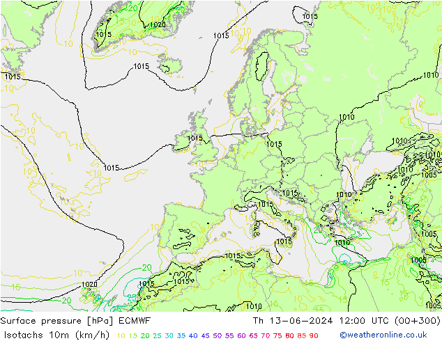 Isotachs (kph) ECMWF gio 13.06.2024 12 UTC