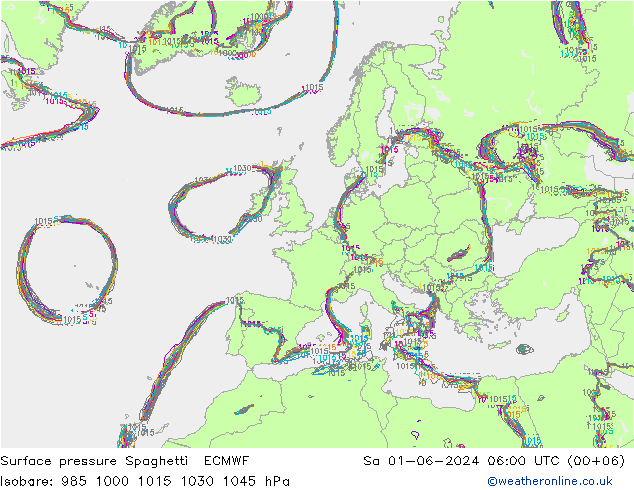 Luchtdruk op zeeniveau Spaghetti ECMWF za 01.06.2024 06 UTC