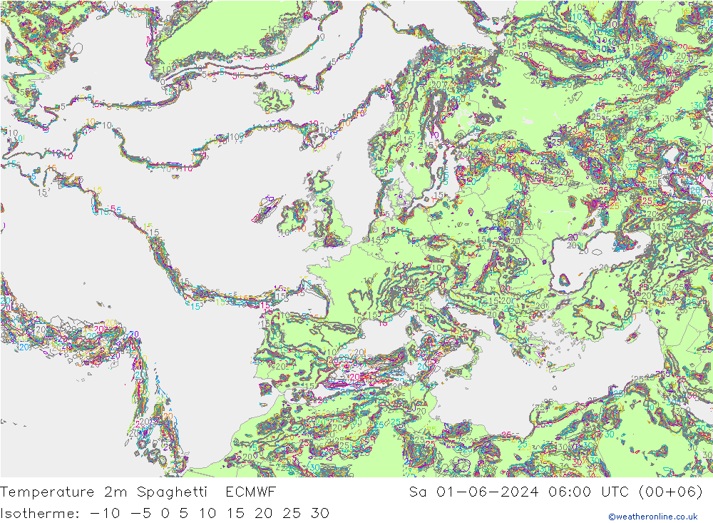 Temperature 2m Spaghetti ECMWF So 01.06.2024 06 UTC