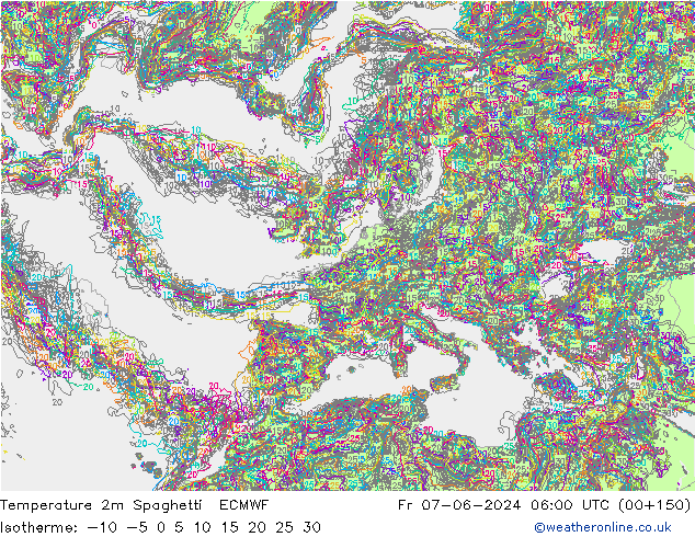 Temperatura 2m Spaghetti ECMWF vie 07.06.2024 06 UTC