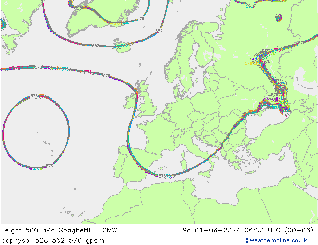 Height 500 hPa Spaghetti ECMWF 星期六 01.06.2024 06 UTC