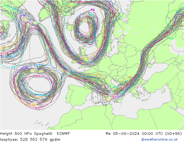 Height 500 hPa Spaghetti ECMWF Mi 05.06.2024 00 UTC