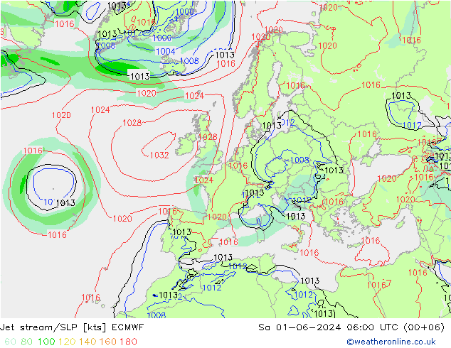 Jet stream/SLP ECMWF Sa 01.06.2024 06 UTC