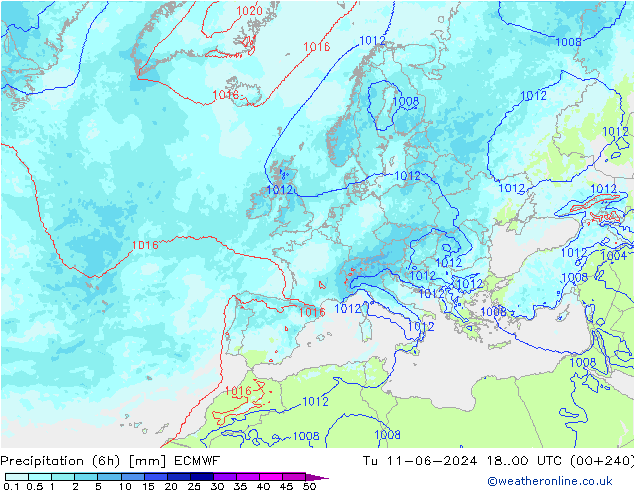 Précipitation (6h) ECMWF mar 11.06.2024 00 UTC