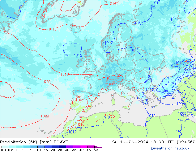 Precipitation (6h) ECMWF Su 16.06.2024 00 UTC