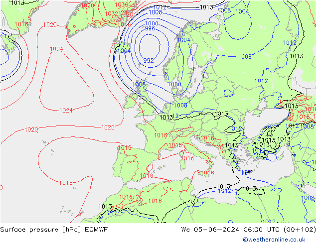 Presión superficial ECMWF mié 05.06.2024 06 UTC