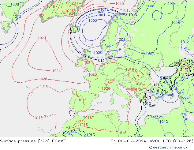 Presión superficial ECMWF jue 06.06.2024 06 UTC