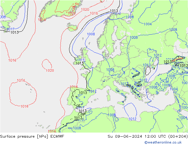 Bodendruck ECMWF So 09.06.2024 12 UTC