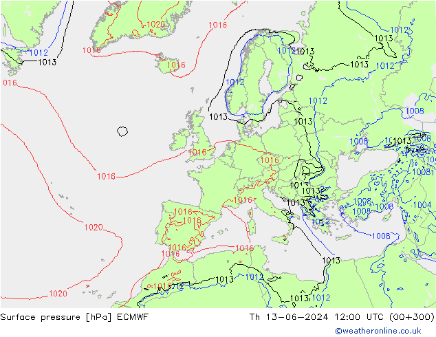 Atmosférický tlak ECMWF Čt 13.06.2024 12 UTC