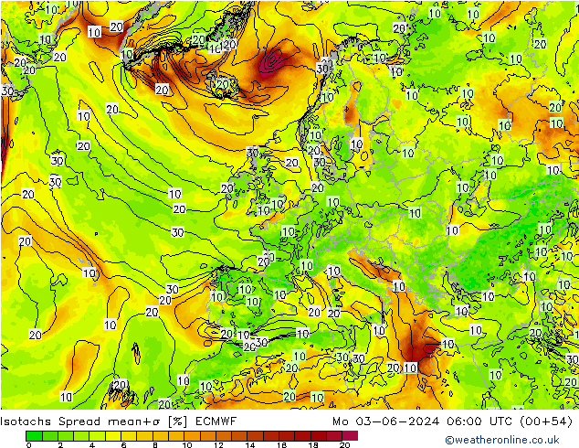 Isotachs Spread ECMWF lun 03.06.2024 06 UTC