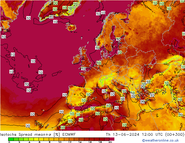 Isotachs Spread ECMWF gio 13.06.2024 12 UTC