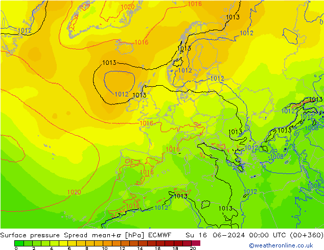 Surface pressure Spread ECMWF Su 16.06.2024 00 UTC