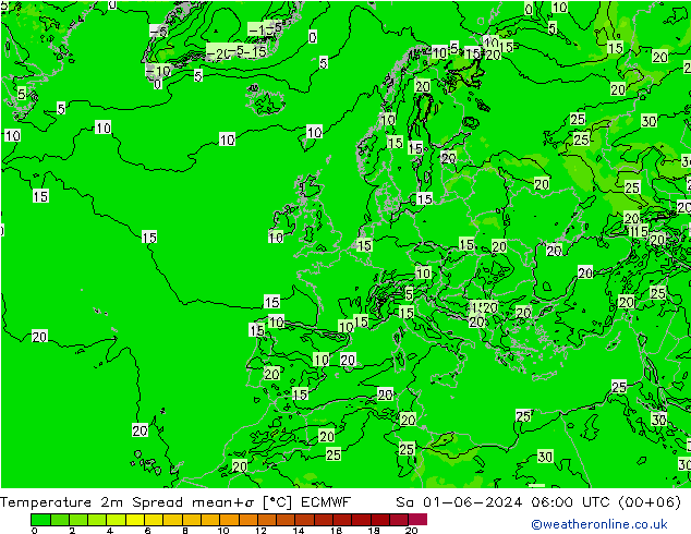 Temperature 2m Spread ECMWF Sa 01.06.2024 06 UTC