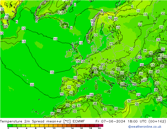 Temperatura 2m Spread ECMWF ven 07.06.2024 18 UTC