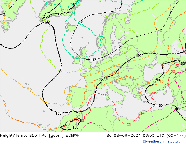 Hoogte/Temp. 850 hPa ECMWF za 08.06.2024 06 UTC