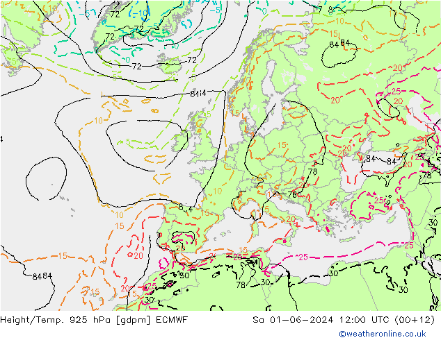 Height/Temp. 925 hPa ECMWF So 01.06.2024 12 UTC