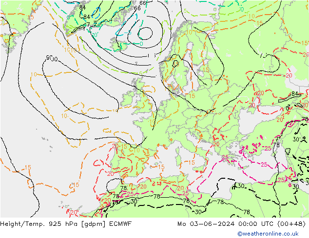 Height/Temp. 925 гПа ECMWF пн 03.06.2024 00 UTC