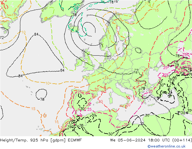 Height/Temp. 925 hPa ECMWF We 05.06.2024 18 UTC