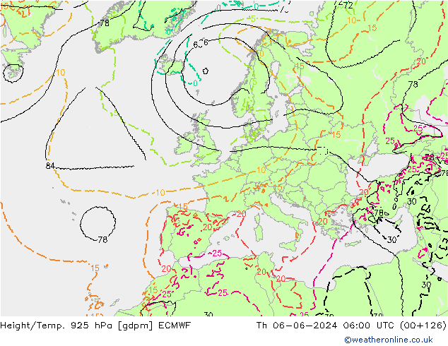 Height/Temp. 925 hPa ECMWF Čt 06.06.2024 06 UTC